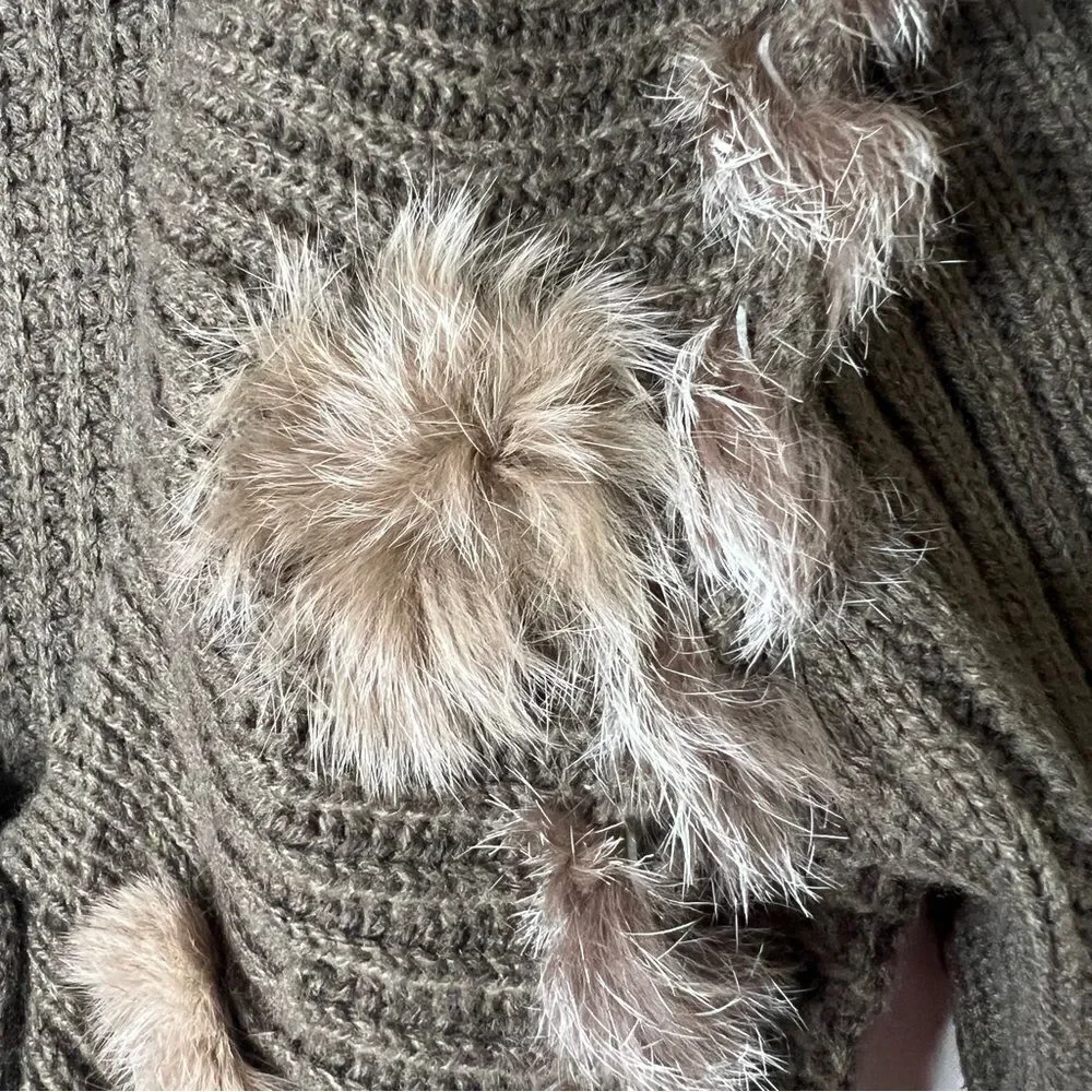 Moon River‎ Ribbed Knit Ruffle Olive Green Faux Fur Tie Front Cardigan Medium